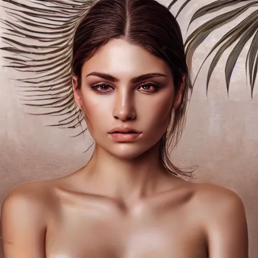 Prompt: gorgeous female photo, professionally retouched, soft lighting, chest covered with palm leaves, realistic, smooth face, perfect eyes, wide angle, sharp focus on eyes, 8 k high definition, insanely detailed, intricate, elegant, oil painting art by omar ortiz