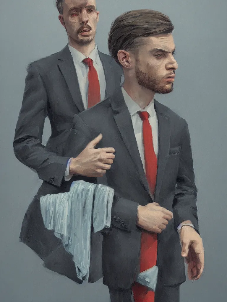 Image similar to a portrait of men in suits with tie in a painting from stalenhag, 4 k, 8 k, hdr, artstation, concept art