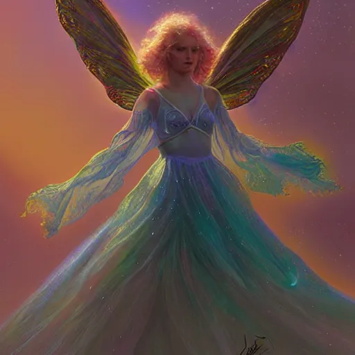 Prompt: astral fairy, Artstation, ultradetailed, digital Painting by James Gurney