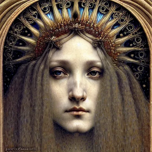 Prompt: detailed realistic beautiful young medieval queen face portrait by jean delville, gustave dore, ernst haeckel and marco mazzoni, art nouveau, symbolist, visionary, gothic, pre - raphaelite