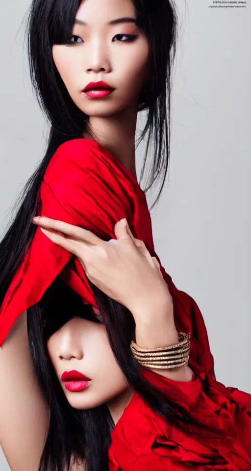 Image similar to vogue fashion model portrait asian woman, black and red, elegant