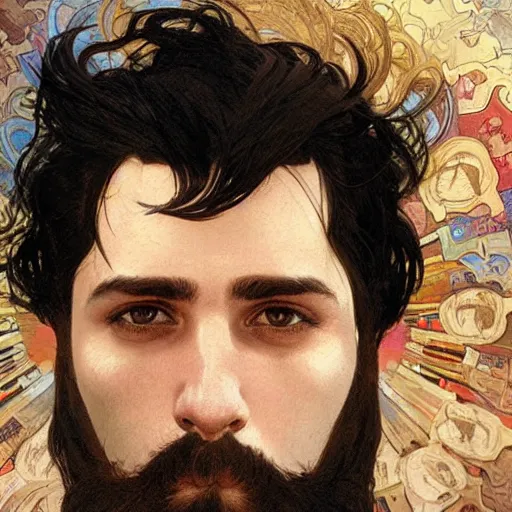 Image similar to portrait of a man with black hair and beard, looking directly into the camera, background is complete chaos, sharp focus, illustration, art by greg rutkowski and alphonse mucha''