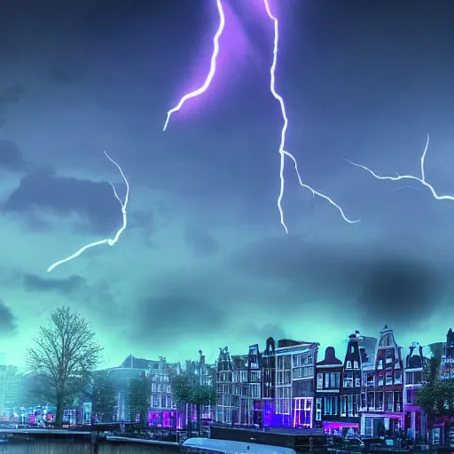 Prompt: amsterdam in the year 2 1 4 5. 8 k, blue, pink, purple. ambient lightning, haze, fog, glow, sunset, digital art.