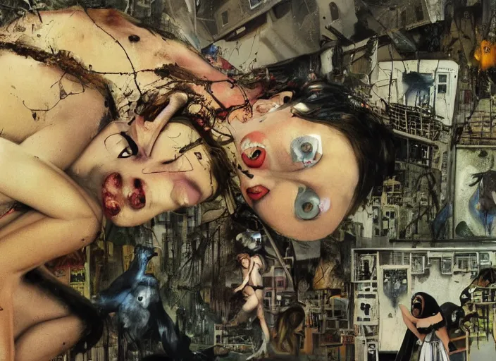 Image similar to wild underground scene from a 7 0's movie by chris cunningham, kenneth anger and alejandro jodorowsky : : surreal dream scene of actresses turning into animals in urban setting : : close - up, concept art, painting by enki bilal, tim walker, adrian ghenie 4 k