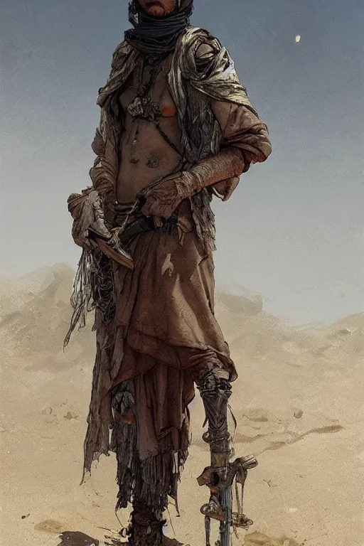 Image similar to a full body portrait of a beautiful post apocalyptic offworld desert bedouin blind barbarian leper laying by the roadside, begging, intricate, elegant, highly detailed, digital painting, artstation, concept art, smooth, sharp focus, illustration, art by krenz cushart and artem demura and alphonse mucha