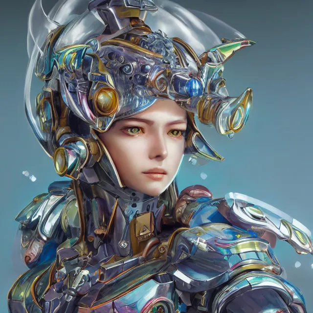 Image similar to studio portrait of lawful good colorful female holy mecha paladin absurdly beautiful, elegant, young sensual graceful woman, ultrafine hyperrealistic detailed face illustration by kim jung gi, irakli nadar, intricate linework, sharp focus, bright colors, matte, octopath traveler, final fantasy, unreal engine highly rendered, global illumination, radiant light, intricate environment