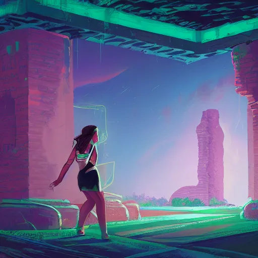 Image similar to A girl exploring ancient ruins,retrowave art,trending on art station