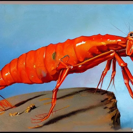 Image similar to ultra realistic portrait painting of a red prawn on a white beach, art by frank frazetta, 4 k, ultra realistic, highly detailed, epic lighting