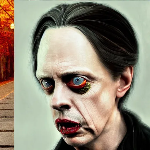 Image similar to hyperrealistic mixed media image of Steve Buscemi as a vampire, stunning 3d render inspired art by István Sándorfi and Greg Rutkowski, perfect facial symmetry, realistic, highly detailed attributes and atmosphere, dim volumetric cinematic lighting, 8k octane extremely hyper-detailed render, post-processing, masterpiece,