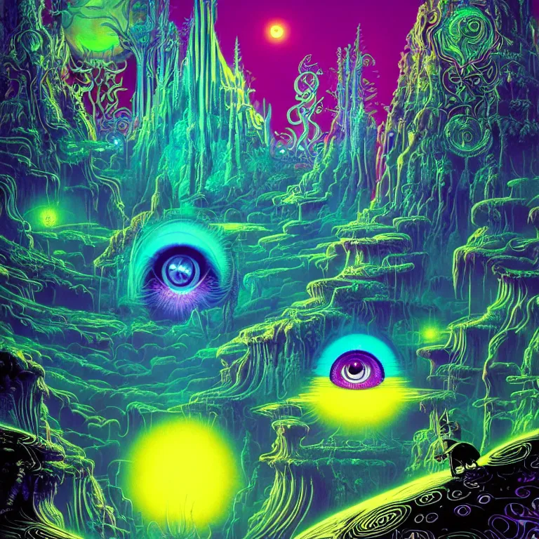 Image similar to mysterious eyeball hovers over mythical crystal temple, psychedelic waves, synthwave, bright neon colors, highly detailed, cinematic, eyvind earle, tim white, philippe druillet, roger dean, ernst haeckel, lisa frank, aubrey beardsley