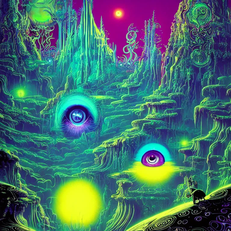 Prompt: mysterious eyeball hovers over mythical crystal temple, psychedelic waves, synthwave, bright neon colors, highly detailed, cinematic, eyvind earle, tim white, philippe druillet, roger dean, ernst haeckel, lisa frank, aubrey beardsley