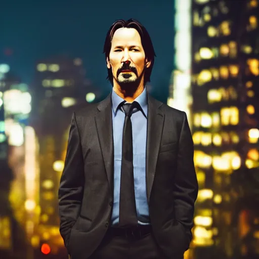 Image similar to a still of Keanu Reeves. Shallow depth of field. City at night in background, lights, colors ,studio lighting, mood, 4K. Profession photography