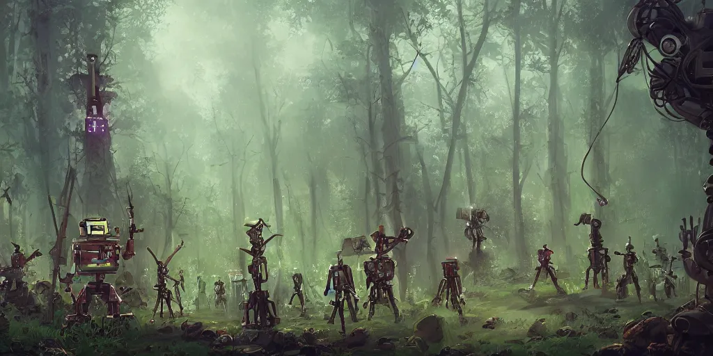 Prompt: guerrillas reed - people surrounded robot in futuristic spiritual mystical post apocalyptic forest drawn by ron gilbert, dim painterly volumetric aquatic lighting, scenic, beautiful, crisp, artstation, highly detailed