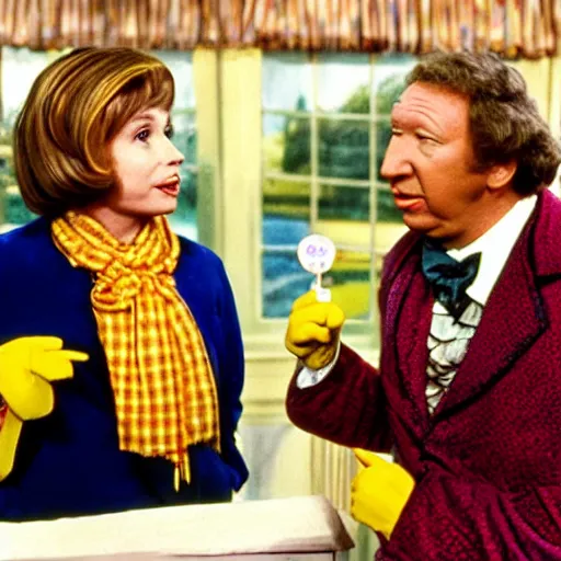 Image similar to a frame from the movie willy wonka and the chocolate factory, starring nancy pelosi and tim allen