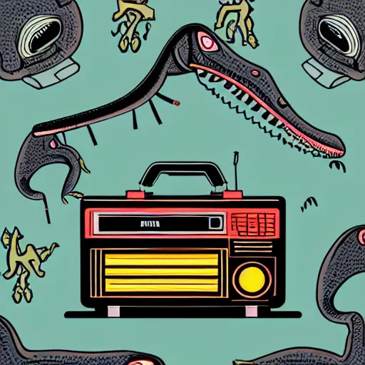 Image similar to memphis design, retro, 90s, detailed illustration, dinosaur samurai with a boombox