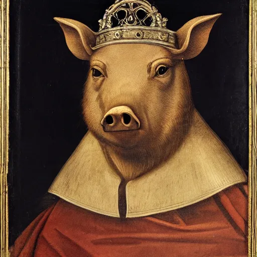 Image similar to a renaissance style portrait of a wild boar (Sus scrofa) wearing a crown and a cape, dark background
