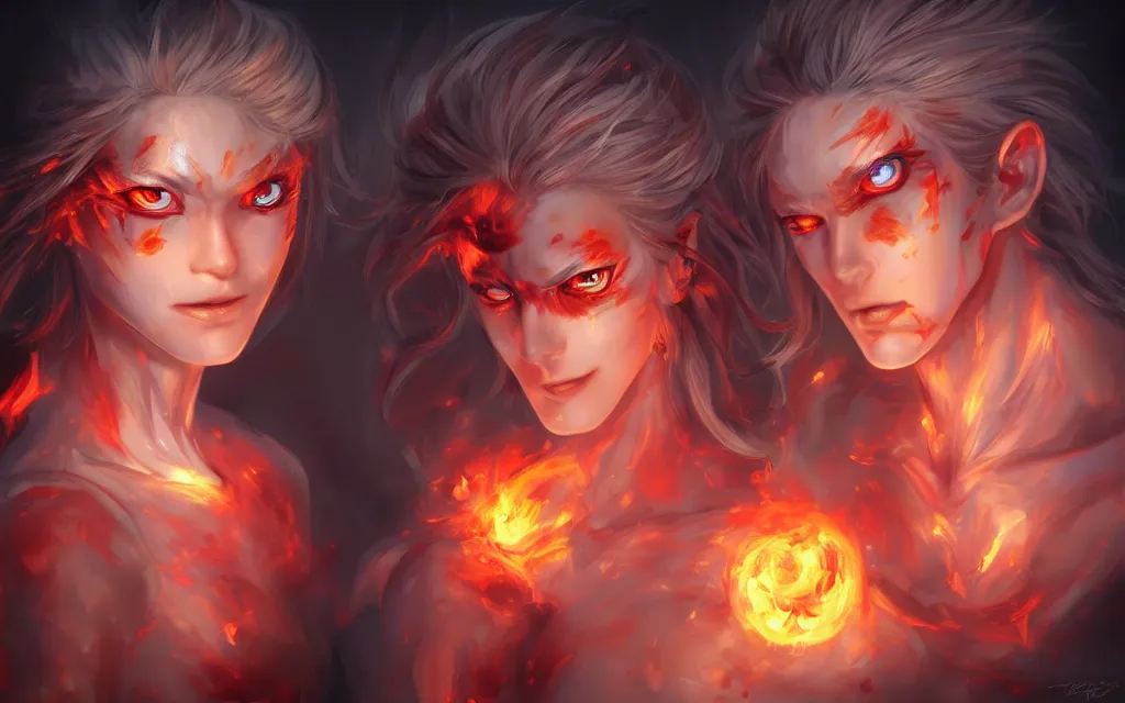 Image similar to A realistic anime portrait of a beautiful fire spirit twins with glowing red eyes and firey skin wearing clothes made of flames, digital painting, by Stanley Artgerm Lau, Sakimichan, WLOP and Rossdraws, digtial painting, trending on ArtStation, SFW version