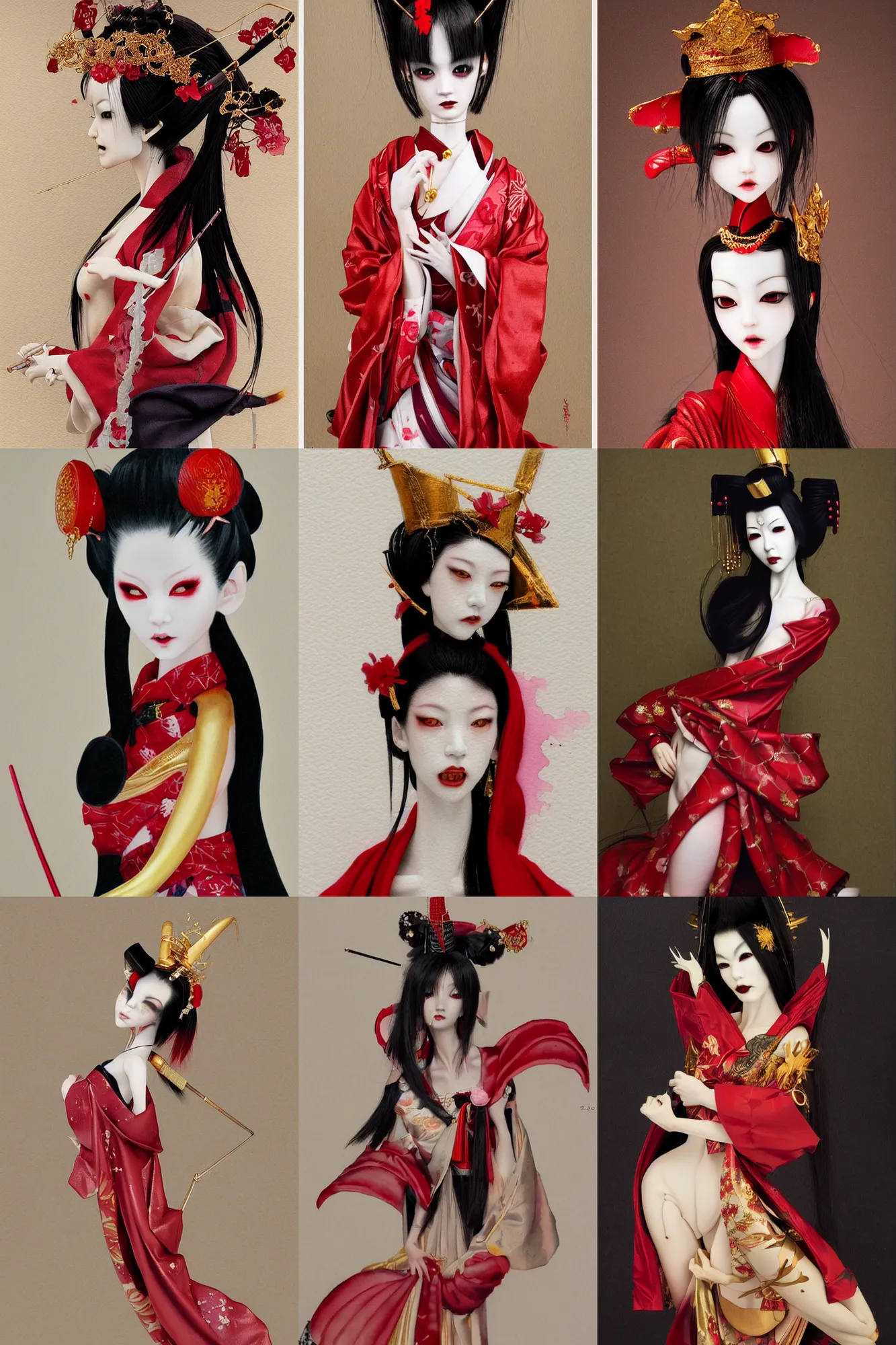 Prompt: watercolor painting of a japanese bjd geisha vampire with a long neck by hajime sorayama, irakli nadar, amy sol, dark - fantasy, red, gold, black