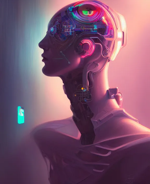 Image similar to a whirlwind inside the metaverse, guy, male, man, hologram, half body, neurochip, android, cyborg, cyberpunk face, by loish, d & d, fantasy, intricate, elegant, highly detailed, colorful, digital painting, artstation, concept art, art by artgerm and greg rutkowski and alphonse mucha