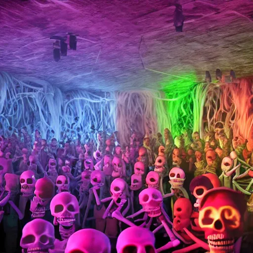 Prompt: photo, a giant crowd of realistic claymation skeletons sensually inside a colorful futuristic night club, edge lighting