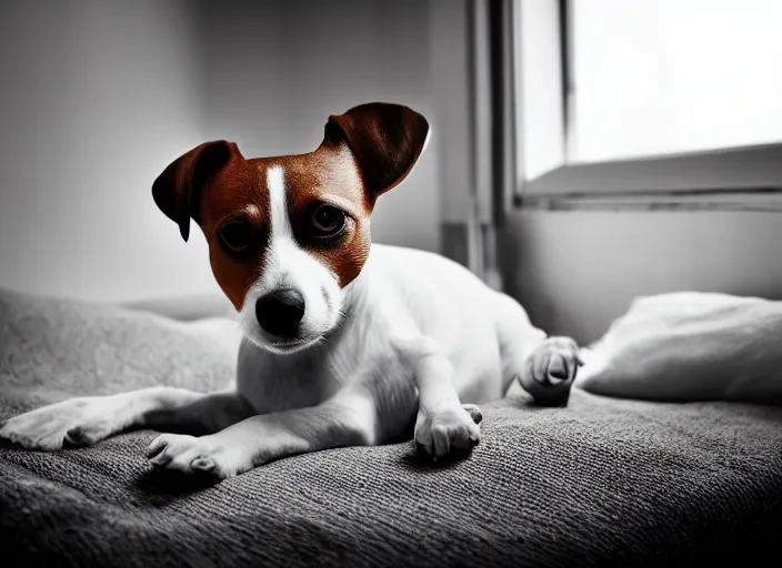 Prompt: photography of a jack russel. watching outside the window. on a bed. in a vintage room full of vinyls and posters, volumetric light, photorealistic, award winning photo, 1 0 0 mm, sharp, high res