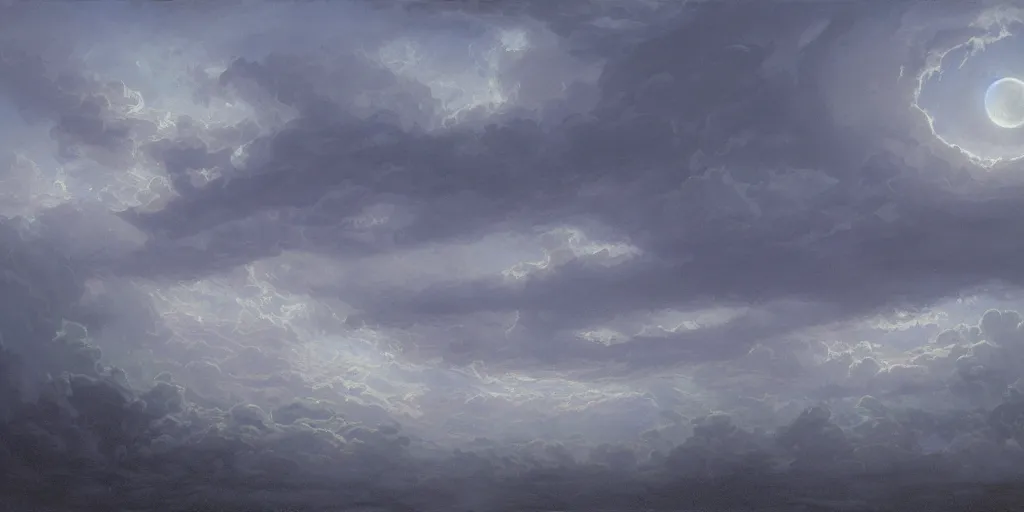 Prompt: the cloudy moonlit sky, landscape art by donato giancola and greg rutkowski, digital art, trending on artstation, symmetry!!, volumetric lighting, darkness