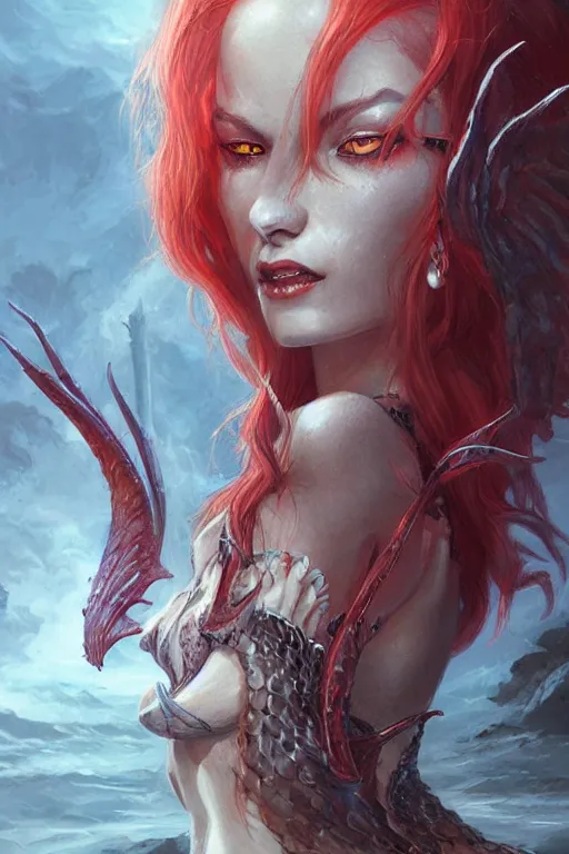 Image similar to demon mermaid, d & d, fantasy, portrait, highly detailed, headshot, digital painting, trending on artstation, concept art, sharp focus, illustration, art by artgerm and greg rutkowski and magali villeneuve