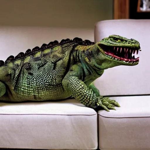 Prompt: humanoid reptile sitting on a couch, National Geographic photo, coherent like Dall-E 2