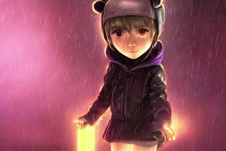 Image similar to an epic fantasy comic book style portrait painting of an extremely cute and adorable very beautiful cyberpunk lain ( serial experiments lain ) wearing a teddy bear hoodie in the rain, neon reflections, character design by mark ryden and pixar and hayao miyazaki, unreal 5, daz, hyperrealistic, octane render, cosplay, rpg portrait, dynamic lighting, intricate detail, cinematic