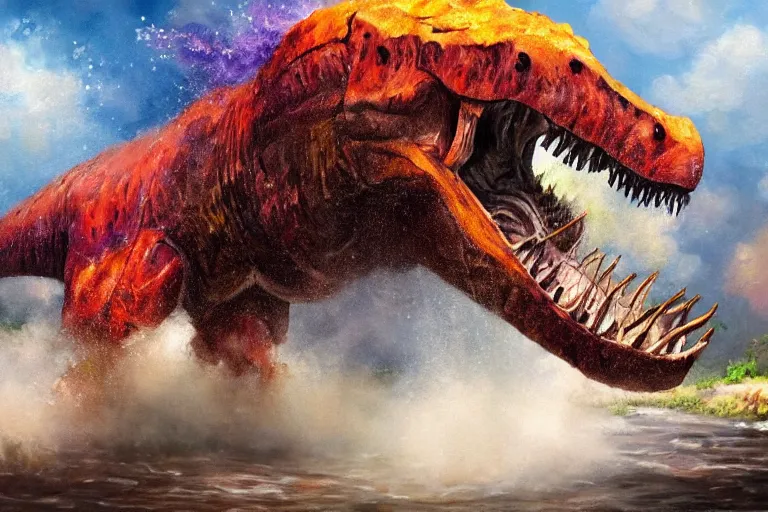 Image similar to highly detailed oil painting of a tyrannosaurus rex in a steaming colorful hotspring stream, featured on artstation