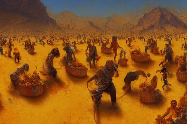 Image similar to detailed digital painting of a crowd of jews in the desert harvesting manna, yellow orange and blue color scheme, by karol bak craig mullins and ross trann