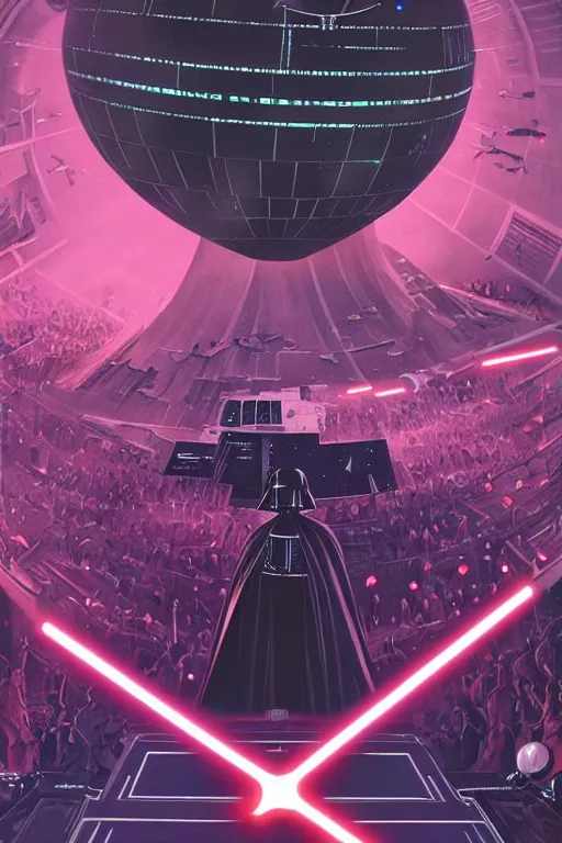 Image similar to darth vader dj standing on a giant science fiction turntable at a deathstar rave, digital art, winning award masterpiece, fantastically beautiful, illustration, dan mumford, moebius, artgerm, wlop 8 k