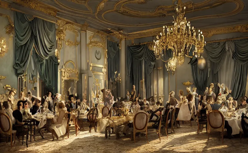 Image similar to realist rococo painting of a 1 9 2 0 s grand party in a beautiful mansion, many partygoers, strong contrast, unreal engine, hyper realism, realistic shading, cinematic composition, realistic render, octane render, detailed textures, photorealistic, ultrawide shot, 3 5 mm film