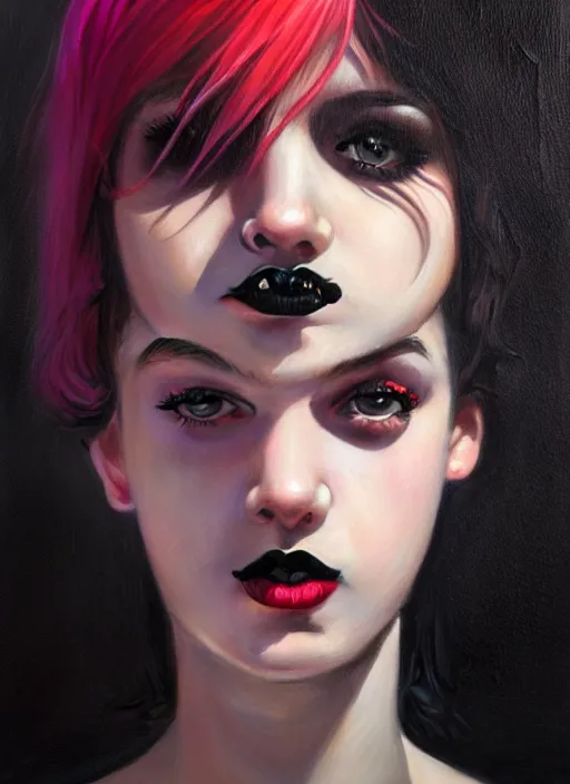 Image similar to portrait of a teen girl with a crooked nose and a confident expression, 1 9 6 0 s, black clothes, goth, punk, brightly coloured hair, funk, intricate, elegant, highly detailed, digital painting, artstation, concept art, smooth, sharp focus, illustration, art by wlop, mars ravelo and greg rutkowski