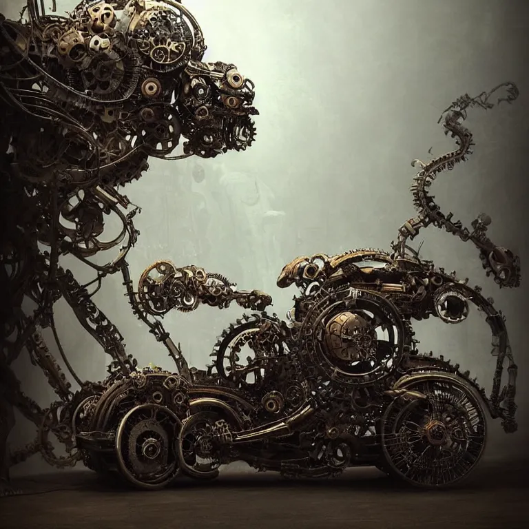 Image similar to biomechanical steampunk vehicle reminiscent of fast sportscar with robotic parts and (glowing) lights parked in ancient lush palace, gothic and baroque, brutalist architecture, ultradetailed, creepy ambiance, fog, artgerm, giger, Intricate by Ellen Jewett and Josan Gonzalez and Giuseppe Arcimboldo