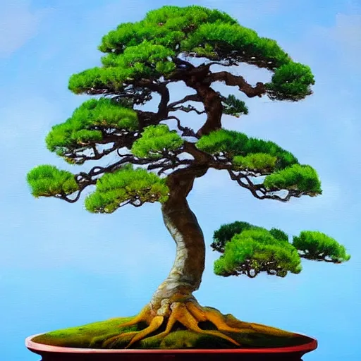 Prompt: an oil painting of a giant bonsai tree stretching over the edge of the earth. colorful. trending on artstation. atmospheric.