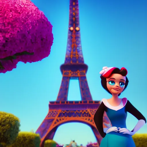 Image similar to Disney character Miraculous posing in front of the eiffel tower, octane render, rimlights. fresh, sunny day