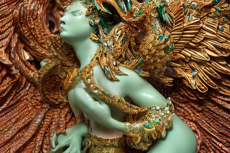 Image similar to a closeup photo - real delicate ceramic porcelain sculpture of an ornate detailed phoenix goddess in front of an intricate background by rafael, micro detail, backlit lighting, subsurface scattering, translucent, thin porcelain, emerald, jade, octane renderer, colorful, physically based rendering, trending on cgsociety