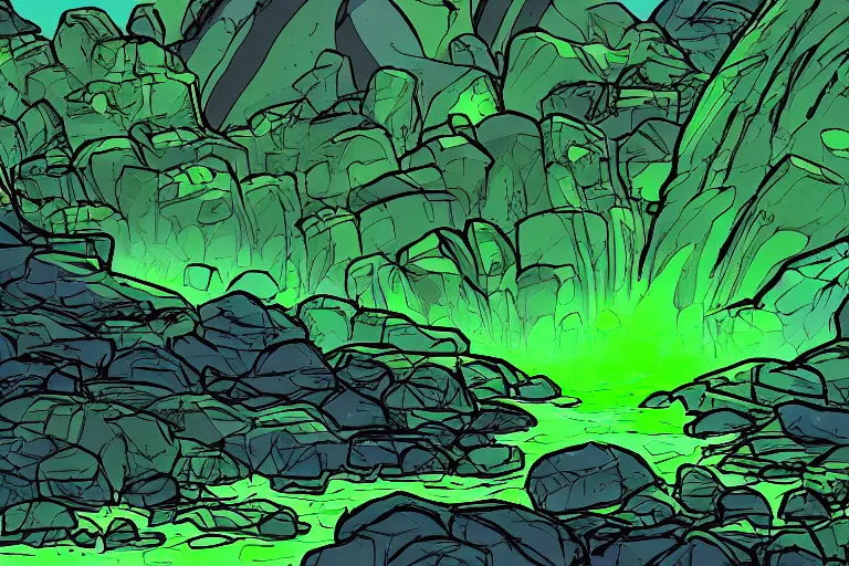 Prompt: glowing green rocks, toxic sludge, like where the hulk would live, landscape, comic book art style
