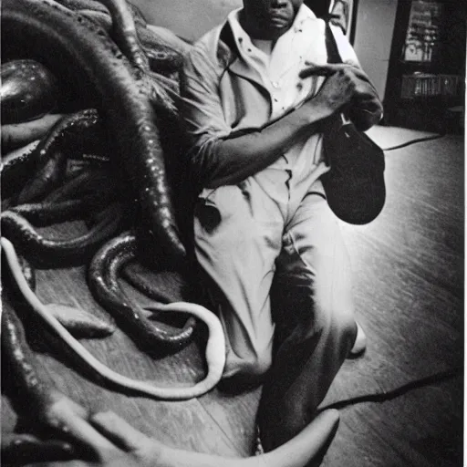 Prompt: john coltrane snuggling a giant squid