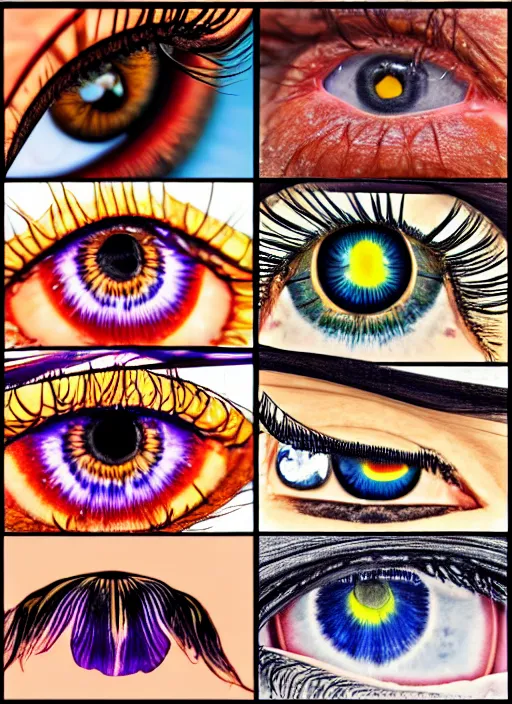 Image similar to montage of thin ringshaped irises, detailed colored textures, eyelashes, advanced art, art styles mix, from wikipedia, wet relections in eyes, sunshine, hd macro photograph, from side, grid of various eye shapes