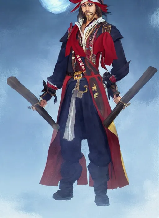 Prompt: a pirate king, old - trimmed uniform with a red sash around his waist, stern expression, blue eyes. portrait. sun rays. hd, 8 k. anime. final fantasy concept art. artwork by wen yu li, art by wen yu li.