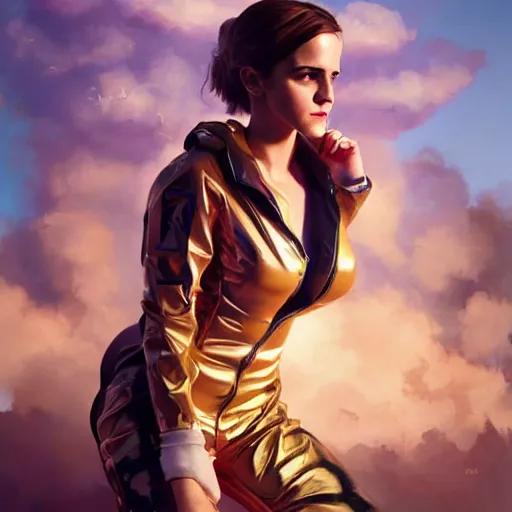 Prompt: highly detailed painting of emma watson wearing a latex suit, gta 5 cover art, stephen bliss, 8 k, by greg rutkowski, artgerm, loish, rhads, global illumination, radiant light, detailed and intricate environment