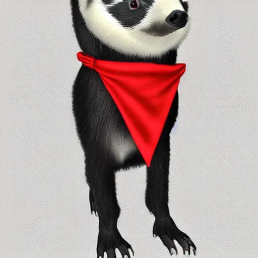 Image similar to a humanoid friendly badger walking on white background towards the camera, he‘s wearing a red neckerchief, clean digital render