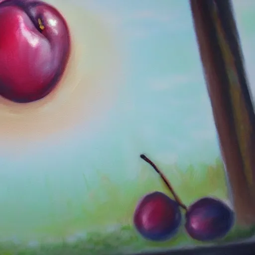 Prompt: realistic painting of a plum looking at the sunset highly detailed trending on art station