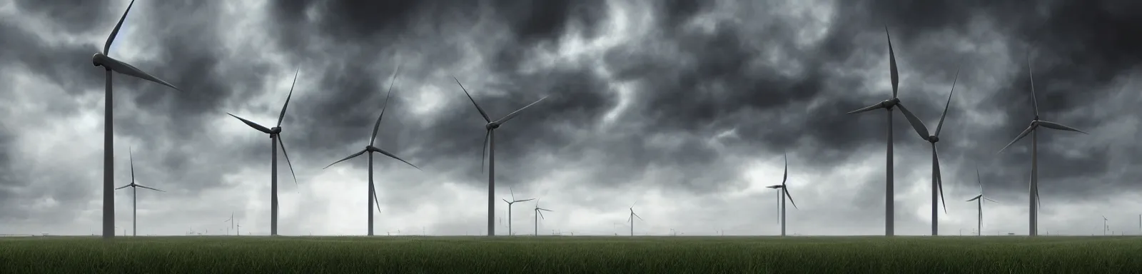 Prompt: Stormy sky with the lightings in the clouds, blueshift render, pipes, a wind turbine in the background, depth of field, concept art, Full HD, 1128x191 resolution