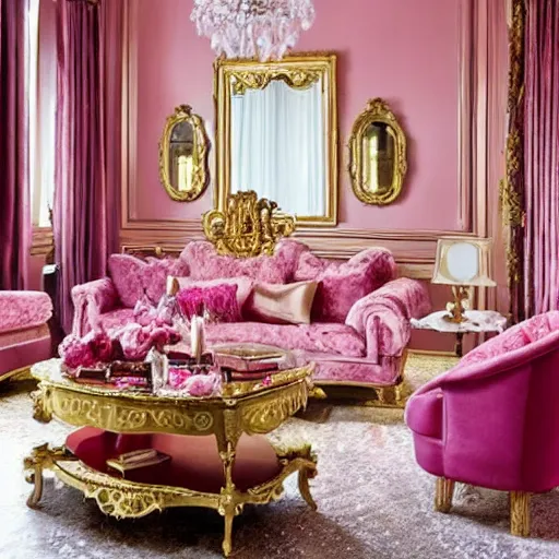Prompt: pink and gold baroque living room