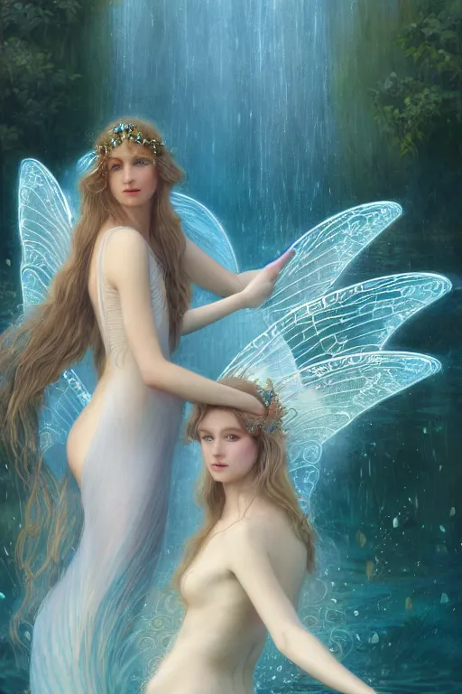 Image similar to a portrait of elegant beautiful queen of the water fairies, gossamer wings, long hair, gown made of ocean waves, illustration, dramatic lighting, soft details, painting oil on canvas, art nouveau, octane render, HDR, 4k, 8k, HD, by Edmund Blair Leighton, Brom, Charlie Bowater, faces by otto schmidt