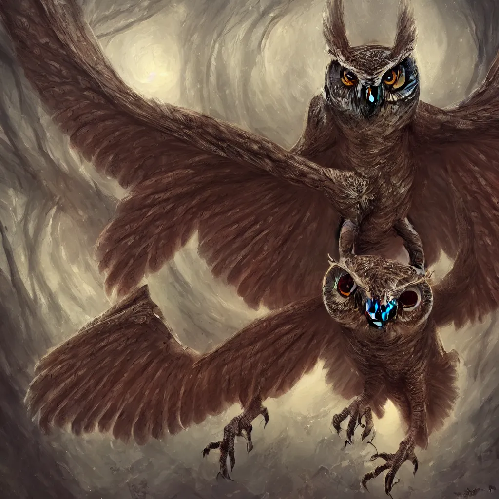 Image similar to an incredibly scary owl with its wings outstretched and with huge bulging eyes, digital art, fantasy, oil on canvas, trending on artstation