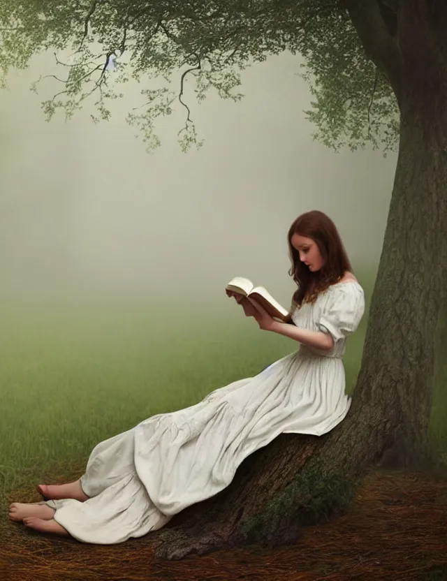 Image similar to beautiful peasant Girl in long white dress reading a book sitting on a tree in a foggy forest, Cinematic focus, Polaroid photo, vintage, neutral colors, soft lights, by Steve Hanks, by Serov Valentin, by lisa yuskavage, by Andrei Tarkovsky 8k render, detailed, oil on canvas